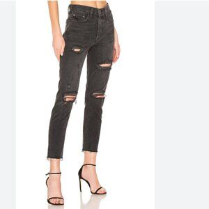 GRLFRND KAROLINA HIGH RISE BUTTON FLY DISTRESSED RAW HEM JEANS IN TRAVELIN BAND